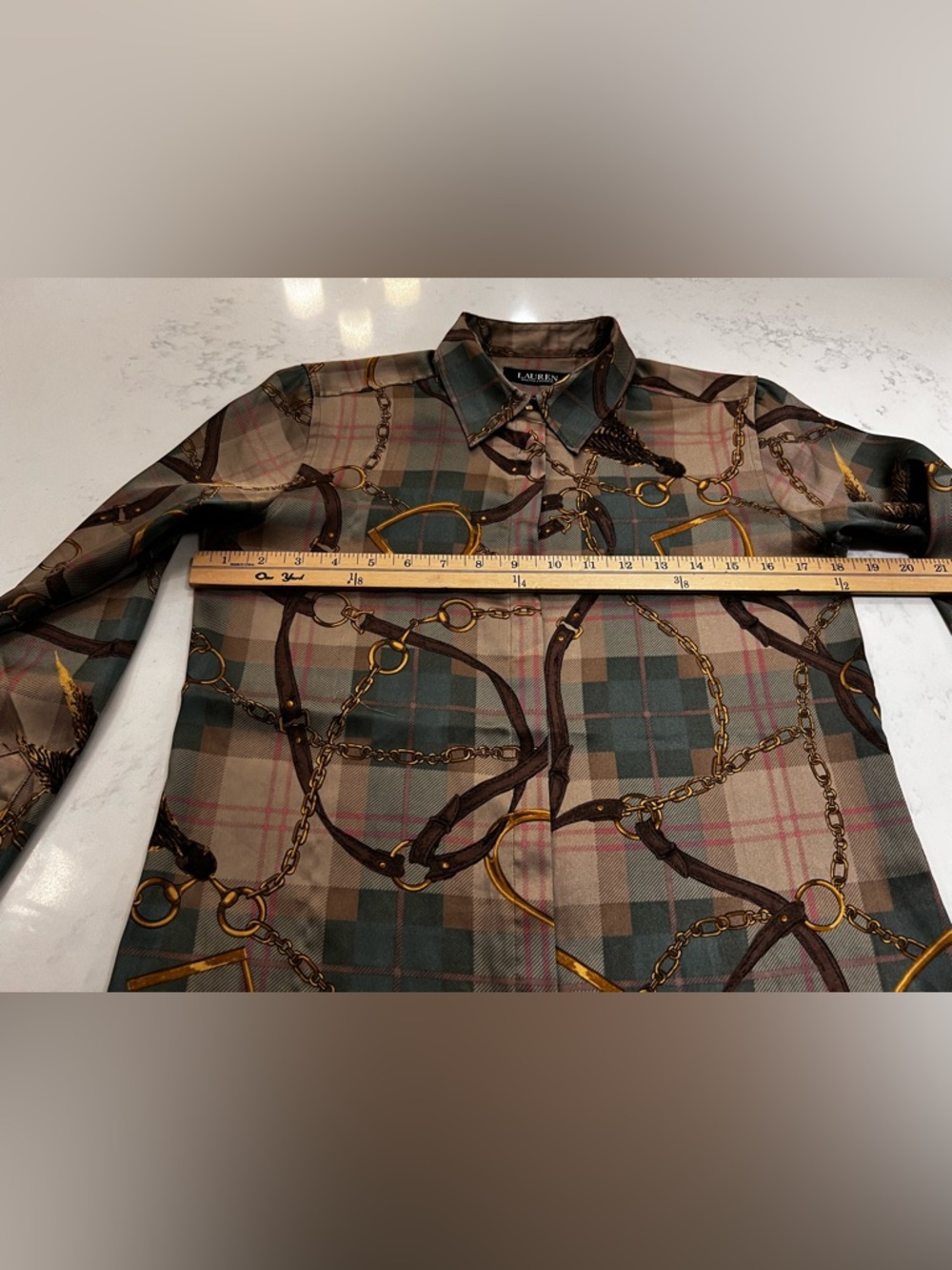 Lauren Ralph Lauren Brown & Green Plaid Chain-Print Long Sleeve Blouse - Picture 12 of 13